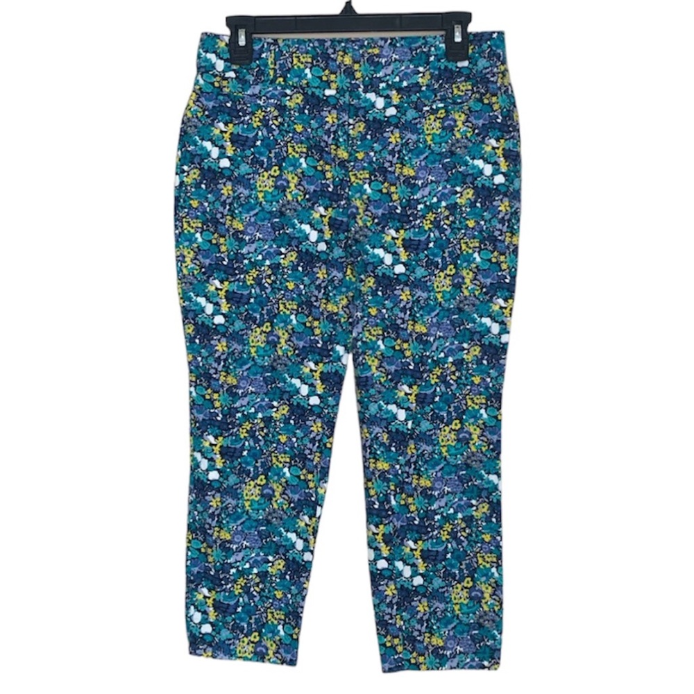 LOFT | MARISA The Riviera Pant Ditsy Floral Print Cropped Length Blue Teal White